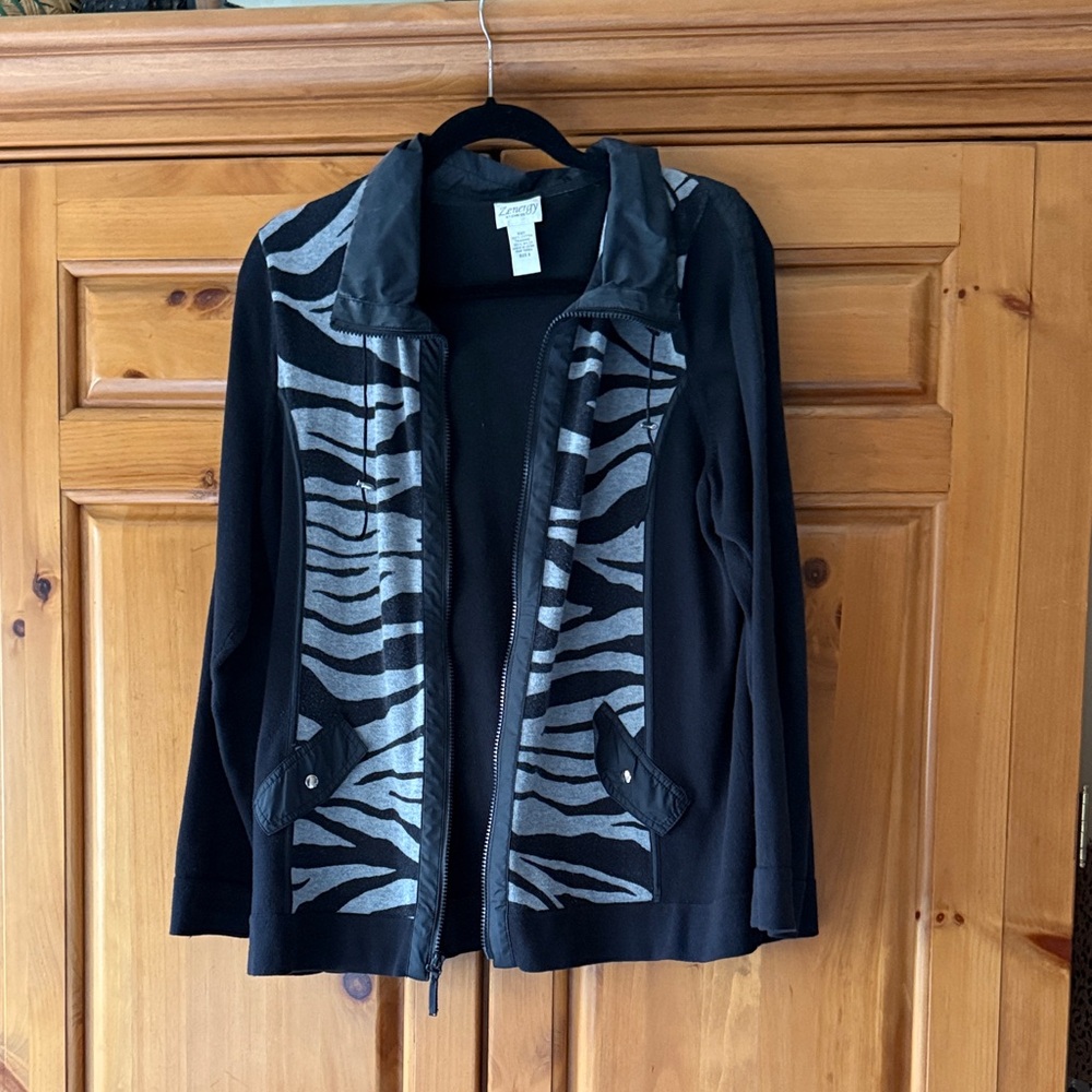 Chico's Zebra Patterned Black and Gray Utility Jacket